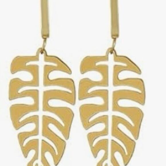Palm Leaf Gold Drop Hoop Earrings - Picture 1 of 1